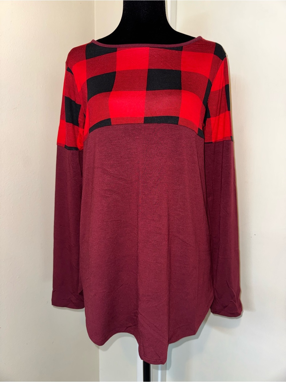 Zenana Outfitters Red and Burgundy Buffalo Plaid Yoke Top